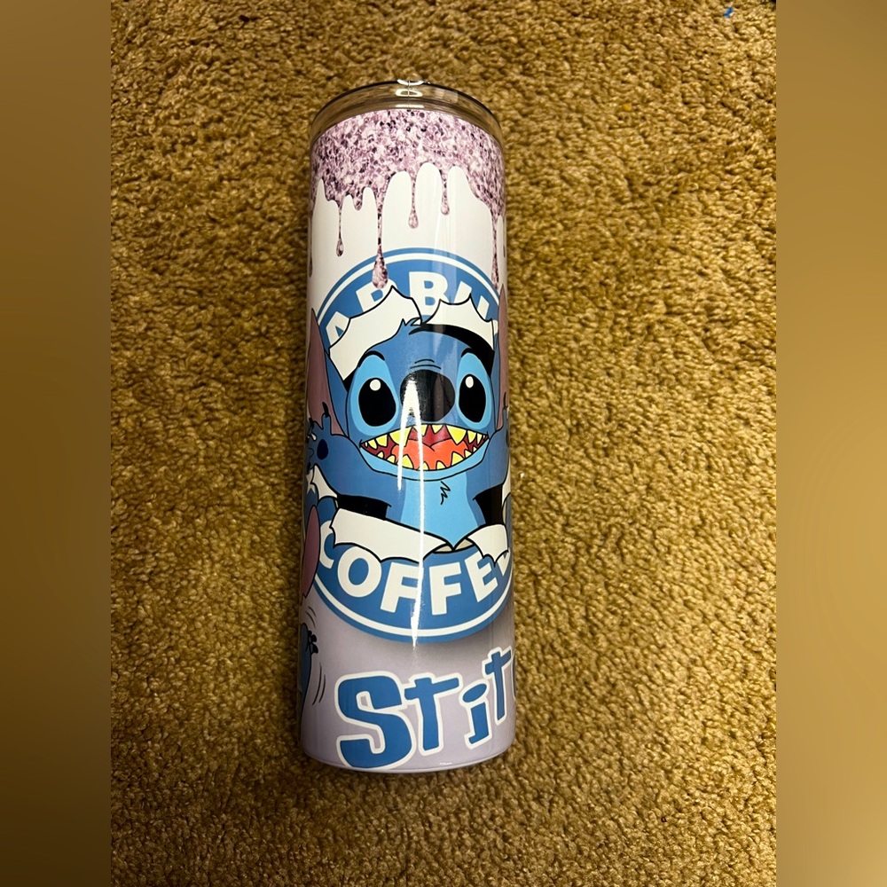 Stitch Coffee Tumbler with Purple Drip Design